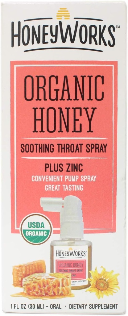 HoneyWorks Adult Throat Spray for Sore Throat Relief, 1 Oz, Soothing Non-GMO USDA Organic Dark Honey + Zinc, Fast-Acting Relief, Ages 12 Years+