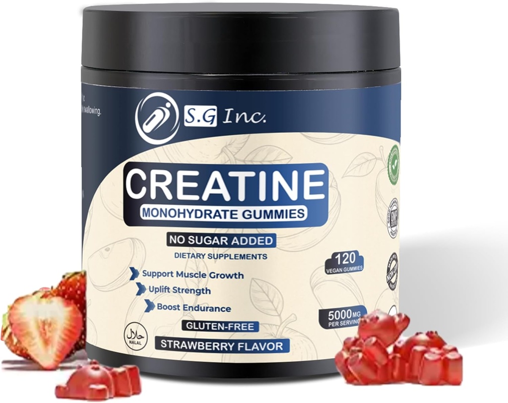 S.G Creatine Monohydrate Gummies for Men & Women ‒ Sugar Free - Vegan - 5g Creatine for Muscle Support ‒ Pre-Work Out Chewable Supplements for Energy Boost ‒ Strawberry Flavored 120ct Gummies.