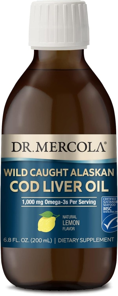 Dr. Mercola Wild Caught Alaskan Cod Liver Oil, 6.8 Fl. Oz. (200 mL), 40 Servings, 1,000 mg Omega-3s Per Serving, Dietary Supplement, Supports Brain and Cognitive Function, Non-GMO, MSC Certified