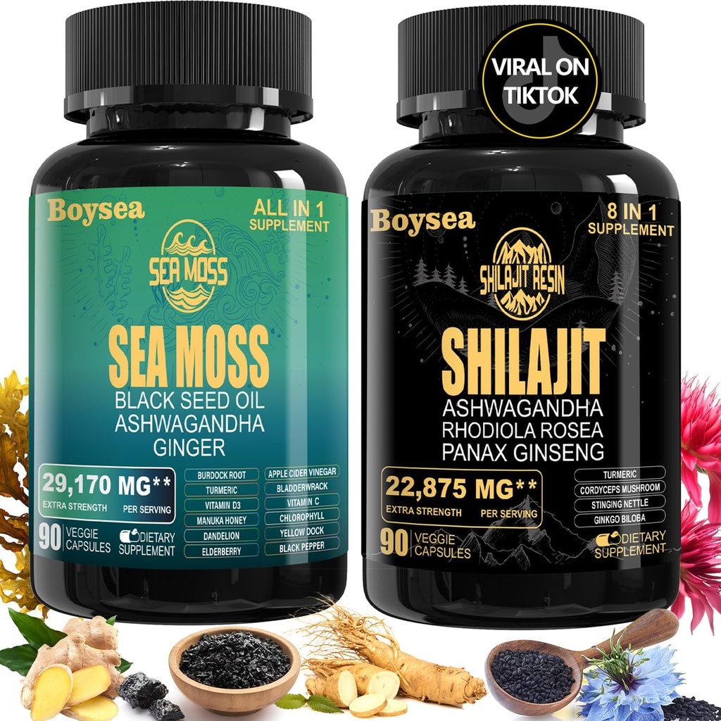 Boysea.Shilajit and Sea Moss Bundle - Sea Moss (7000mg), Ashwagandha (2000mg), Black Seed Oil (4000mg), Ginger & Shilajit (9000mg), Rhodiola Rosea (1000mg) – 90 Count (1 Pack)