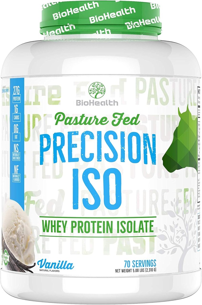 BioHealth Nutrition Precision ISO Vanilla (5lb) | 27g Premium Pasture Fed Whey Protein Isolate + Amino Acids | 70 サービング | ゼロシュガー | GMOフリー