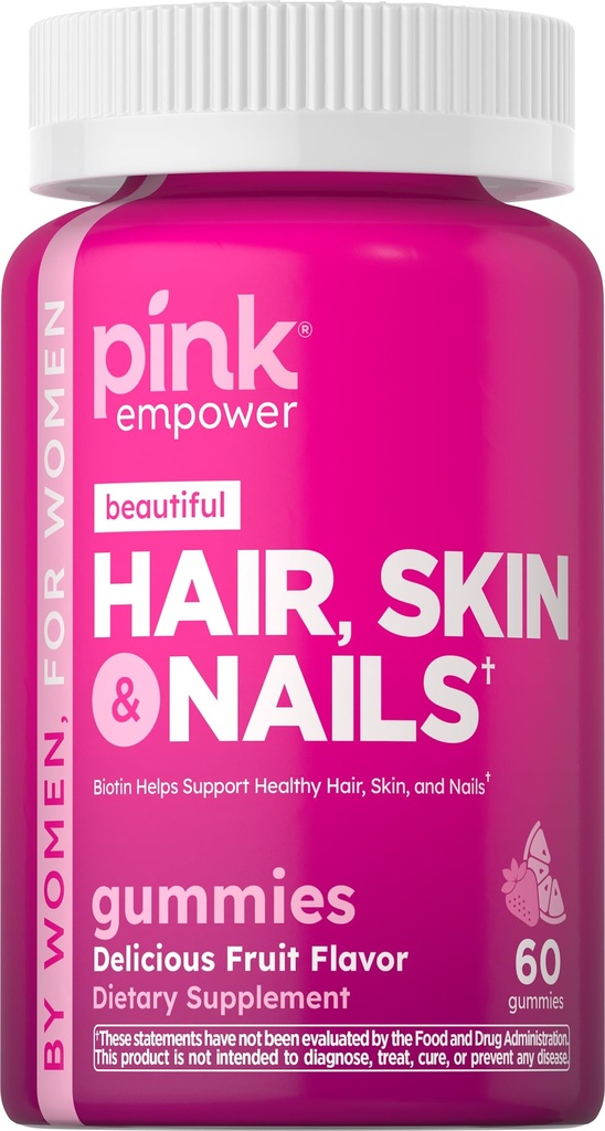 ピンクヘアスキンネイルグッズ | 60 カウント | プラスコラーゲン&ビオチン | ノンGMO&グルテンフリー ビタミン 女性専用 | いちご味