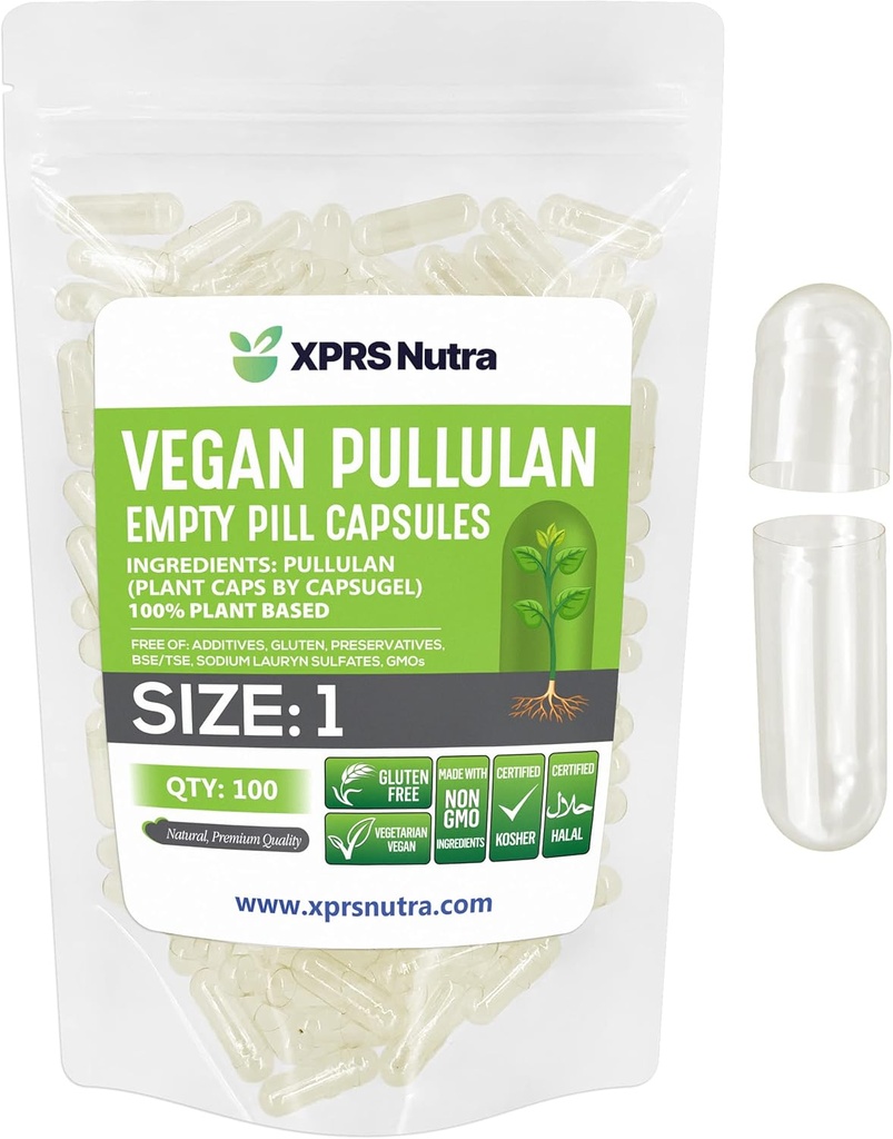XPRS Nutra サイズ 1 プルランの空のカプセル - 100 カウント クリーン ラベルの植物カプセル 明確な空のビーガンカプセル - プレミアム ベジタリアンの丸薬 - 自分で野菜カプセル 充填