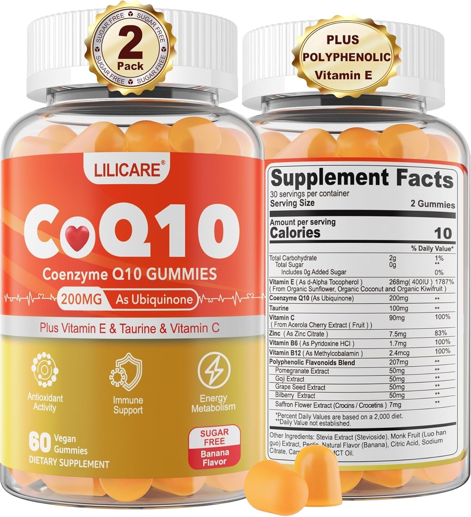 砂糖なしのCoQ10 200mgグミー - Coenzyme Q10 w /タウリン、ビタミンE、C、B6、B12、亜鉛 - 酸化防止のための高吸収CoQ10サプリメント、セルラーエネルギー&Hear-t健康、ビーガン120 C