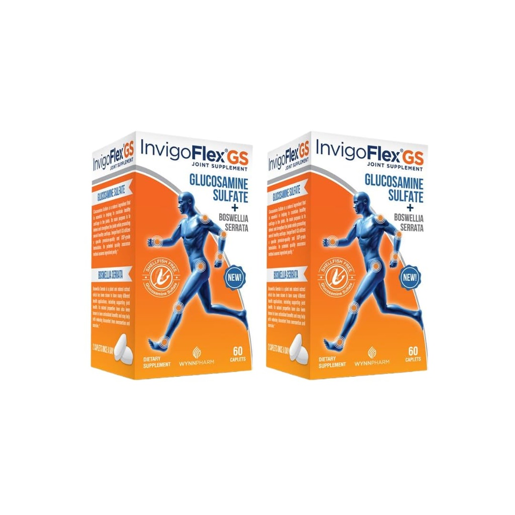 INVIGOFLEX Glucosamine Sulfate (Shellfish Free, Sodium Free & Vegetarian Safe) Non GMO, Gluten Free - with Boswellia Serrata - Premium Joint Supplement GS - 2 Pack | Shellfish Free, Sodium Free, Vegetarian Safe, Non GMO & Gluten Free, With Boswellia Serrata