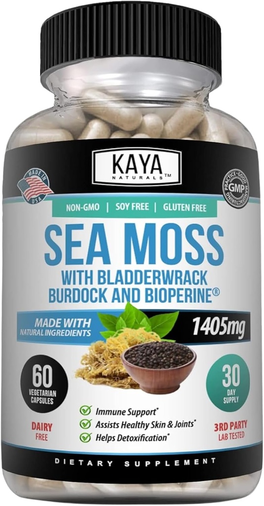 Kaya Naturals Sea Moss - 男性と女性のためのモビリティサプリメント - Burdock Root、アイリッシュモス、Bradderwrack、およびBioPerine - モビリティ健康と免疫ブースト、60カウント