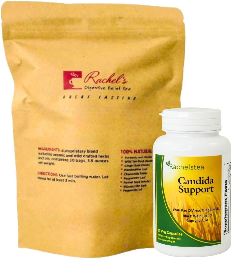 Rachel's Tea and Candida Support: 30 Day Supply Turmeric, Wild Yam, Ginger, Peppermint, Fennel, Slippery Elm + Candida Support Capsules