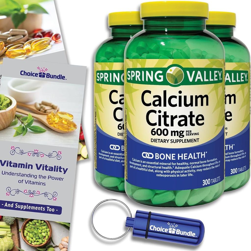 春の谷のCaciumのクエン酸塩のタブレットの食事療法の補足600のmg 300のCt 3のpkの選択の束(900の合計)+ビタミンのガイド及び丸薬の容器(5項目)!