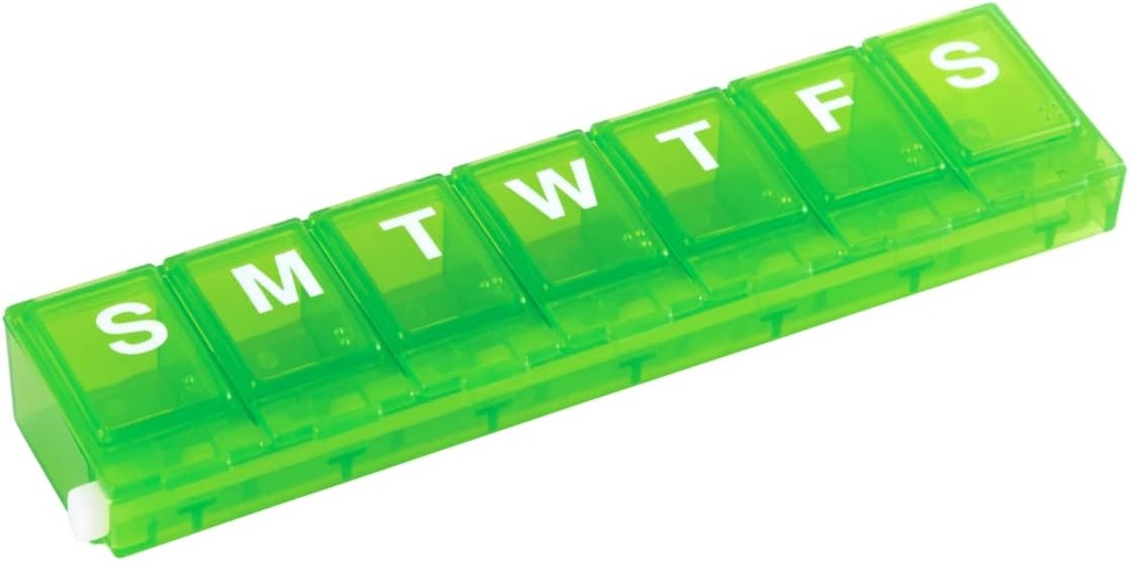 EZY DOSEウィークリー(7日)ピルプランナー、薬用ケース、ビタミンオルガナイザーボックス、安全な処方薬への小錠コンパートメント、事故のこぼれ防止、グリーン