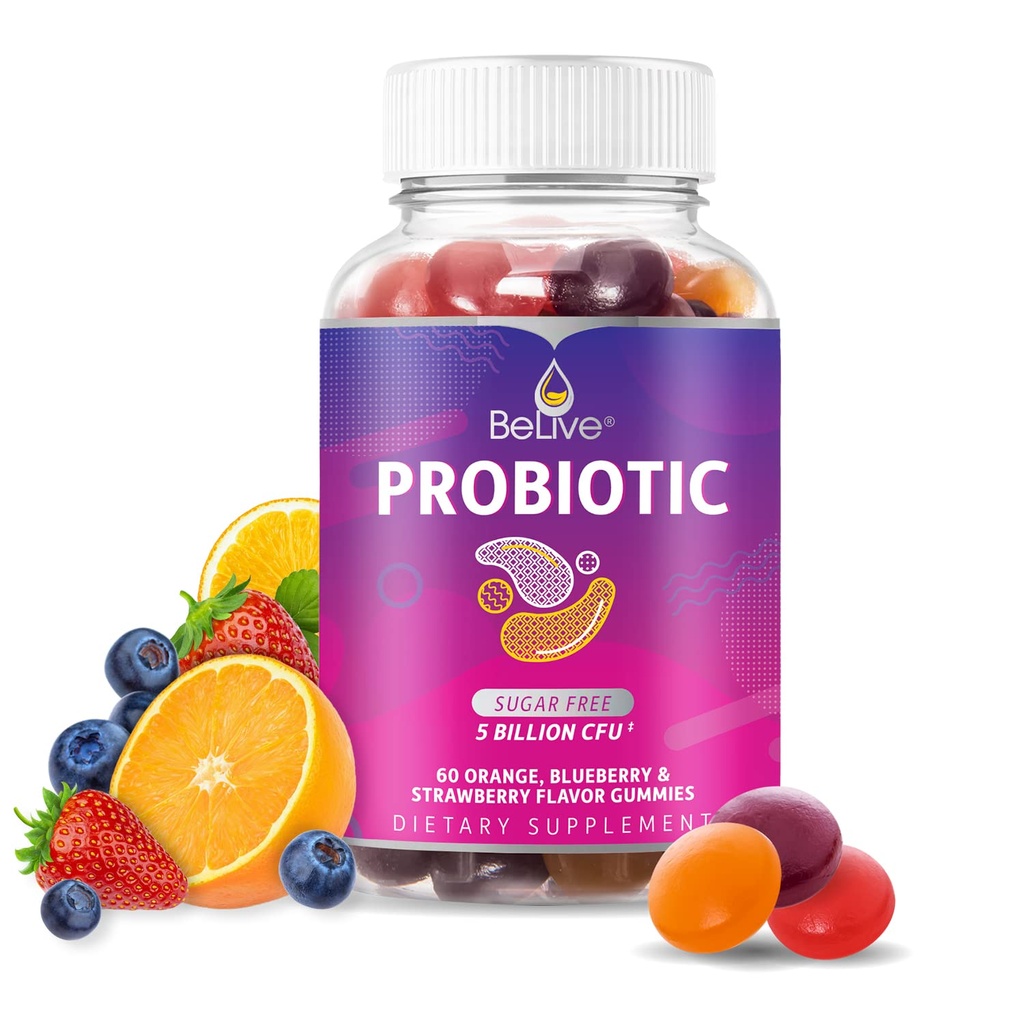 BeLive Probiotic Gummies - 消化の健康のための5億CFUsのプロバイオティクス、男性、女性&子供 - 免疫サポート、砂糖無料&ビーガンのために  60 Ct - ブルーベリー、イチゴ&オレンジ