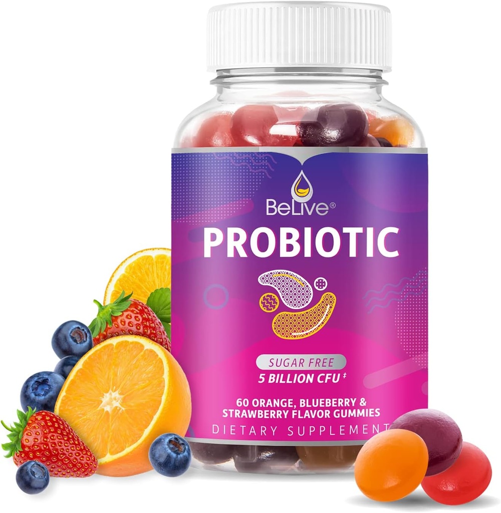 BeLive Probiotic Gummies - Probiotics with 5 Billion CFUs for Digestive Health, Men, Women & Kids - for Immune Support, Sugar Free & Vegan | 60 Ct – Blueberry, Strawberry & Orange