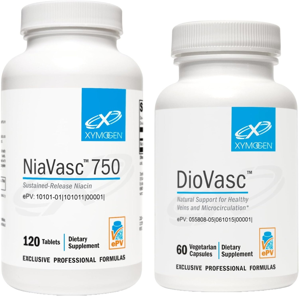 XYMOGEN NiaVasc 750 Sustained Release Niacin (120錠) + DioVasc ヘルシーな静脈 + Micocirculation (60カプセル) のためのサポート