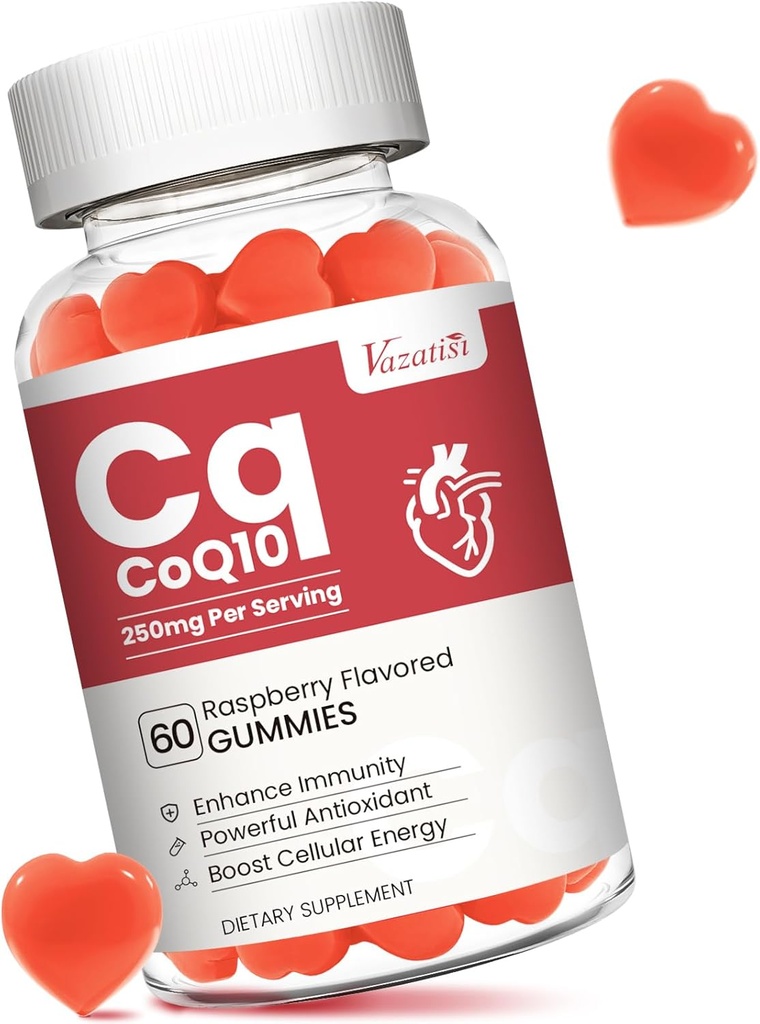 High Absorption CoQ10 Gummies 250 mg, Plus Omega-3, Vitamin B3 for Cellular Energy, Brain & Antioxidant, 5X Better Absorption Coenzyme Q10 Supplement, Raspberry Flavored - 60 Cts