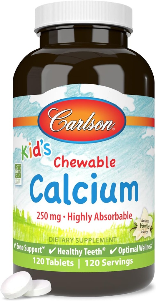 Carlson - Kid's Chewable Calcium、250のmg、高吸収性、骨及び歯サポート、最適ウェルネス、自然なバニラ味、120のタブレット