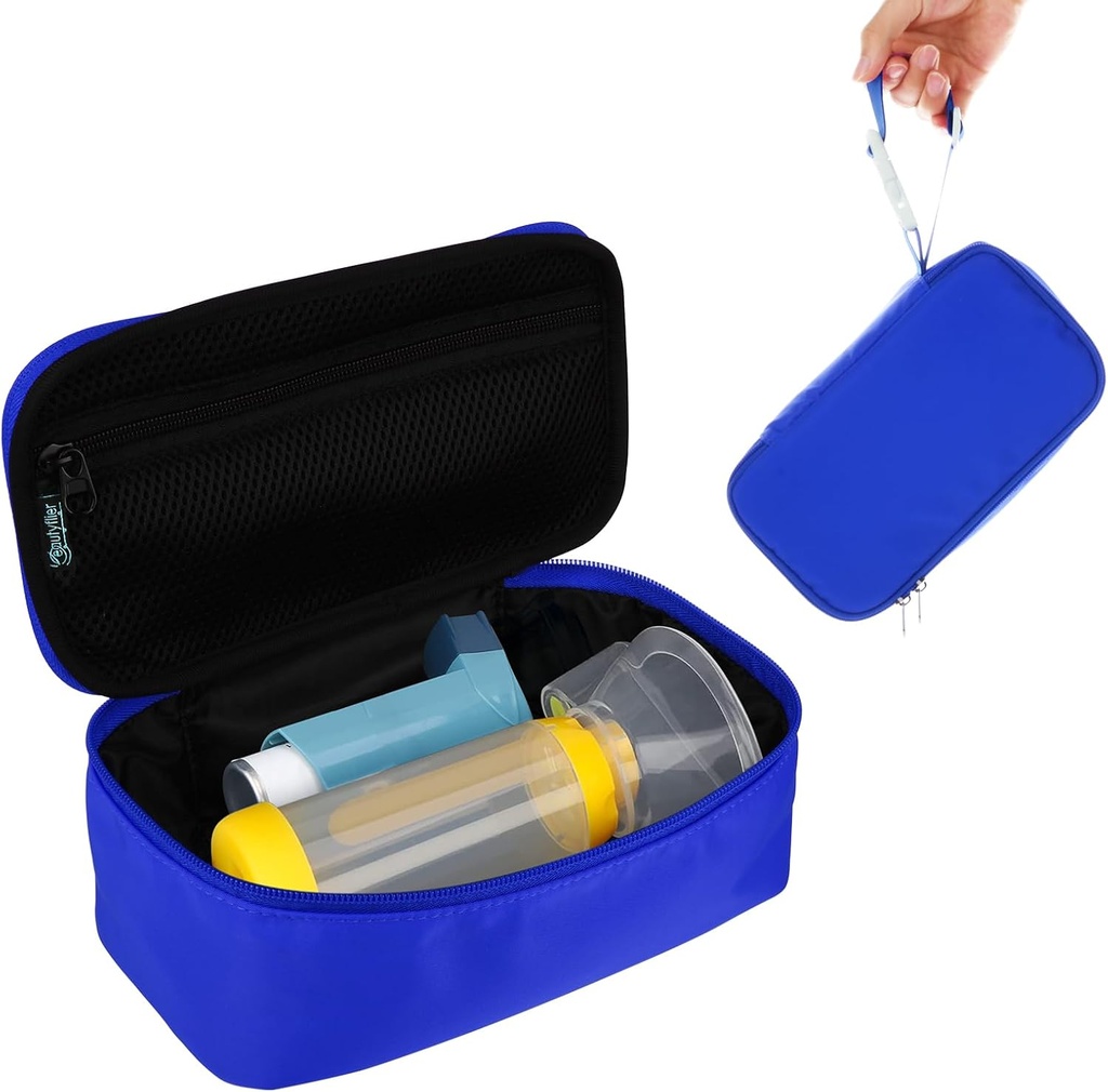 携帯用噴霧器、子供および大人のための吸入器のスペーサ、注入口のホールダーの喘息は薬および他の要素のための網のポケットが付いている袋を運ぶ、青い(場合だけを袋に入れます)