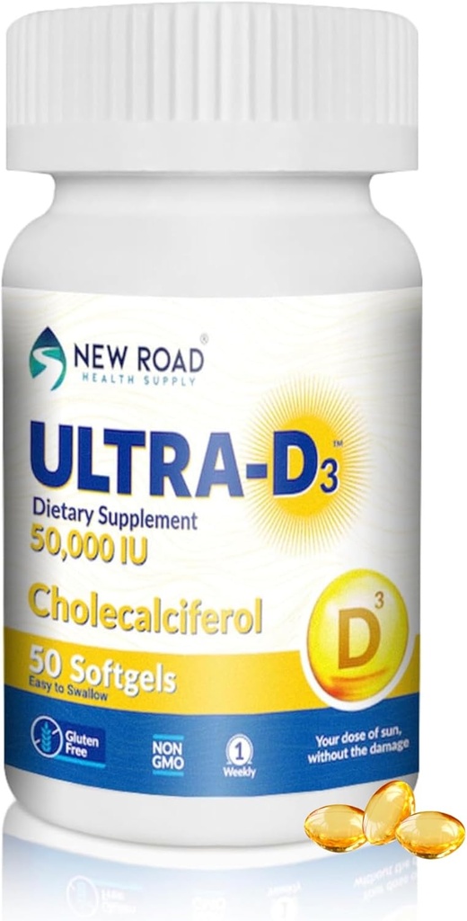 New Road Health Supply, High-Potency Vitamin D3 50,000 IU, Once-Weekly Softgel, Supports Bone, Teeth & Immune Health, Easy-to-Swallow, Gluten-Free, 50 Count