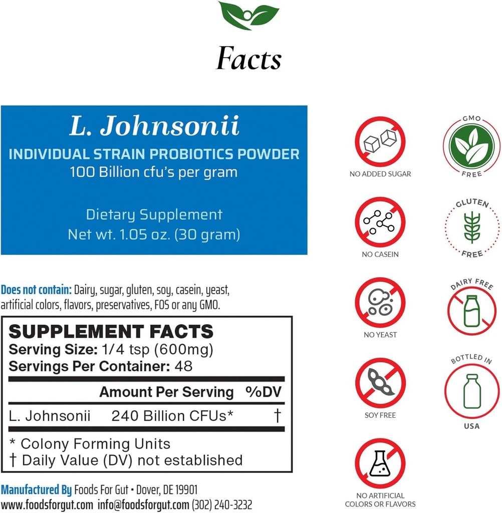 Foods For Gut Lactobacillus Johnsonii Probiotic Powder 100 Billion cfu's | No Additives | Direct from Manufacturer | No Third-Party Storage | Immune Support | L. Johnsonii | 30 Grams (1.05 Oz)