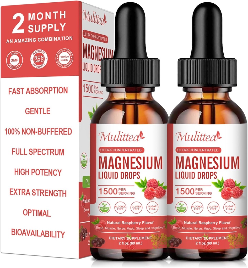 (2 Pack) Magnesium Glycinate Liquid Drops w/ 1500mg Magnesium Glycinate, Taurate, Malate, Citrate, Calcium Plus Potassium for Nerve, Bone, Heart Health & Energy Zzz -High Absorption-Raspberry Flavor