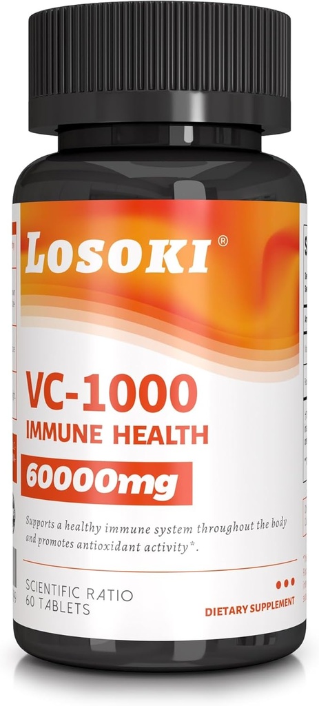 Losoki VC 1000 - 免疫サポート&抗酸化保護のための高用量ビタミンCサプリメント - バラHIPSパウダー - 60錠