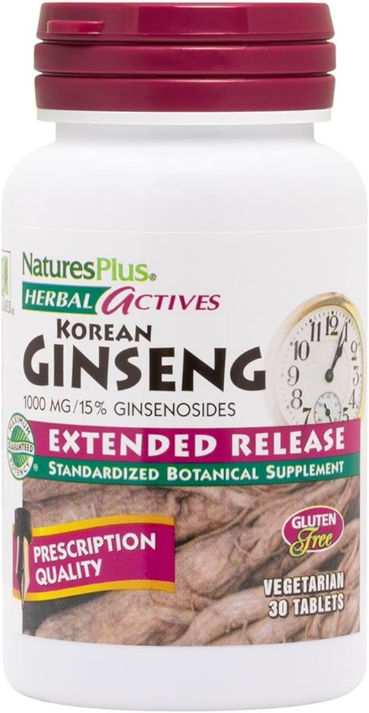 Natures Plus Herbal Actives Korea Ginseng、Extended Release - 1000mg、30ビーガンタブレット - 適応性ハーブサプリメント、抗酸化剤 - ベジタリアン、グルテンフリー - 30サービング