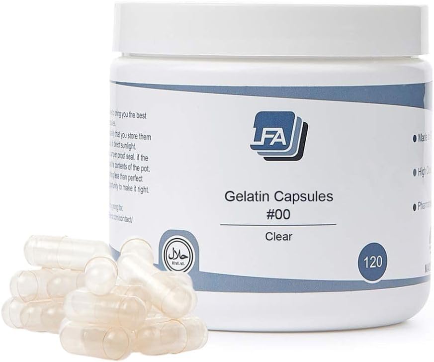 サイズ00の空のカプセル - 明確なゼラチン - 120のカウントジャー - カプセル機械満ちる皿に合う - DIYの粉の補足の丸薬のための結合されたビーフのゲルの帽子の容易なスナップ - 証明されたハラール