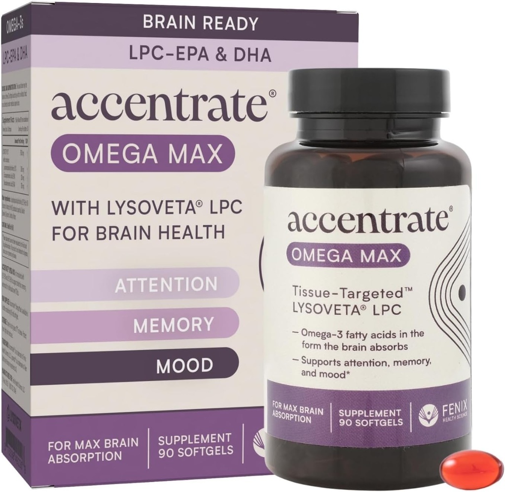 Omega Max w/LYSOVETA LPC | EPA & DHA Supplements for Brain & Retina Health | Focus, Attention, Memory, Mood & Vision | 6X Higher Absorption Than Fish Oil | High Potency Omega-3 LPC-DHA