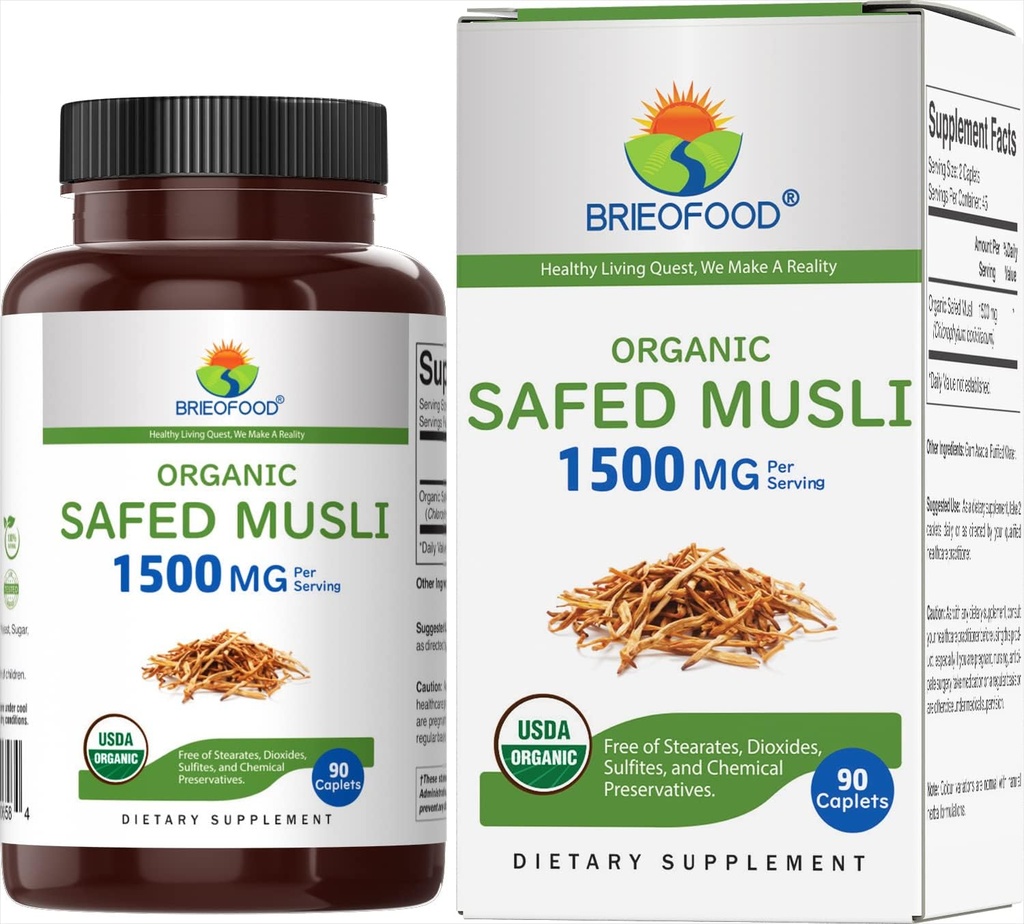 Brieofood Organic Safed Musli 1500mg、45 サービング、ベジタリアン、グルテンフリー、90 ベジタリアン タブレット