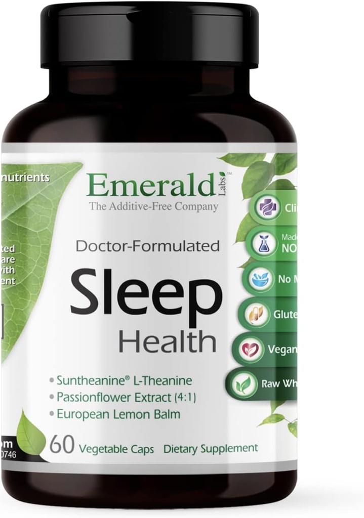 Emerald Labs Sleep Health - Sleep Support Supplement with Suntheanine L-Theanine, Melatonin, European Lemon Balm & Passionflower - Gluten Free, Vegan - 60 Vegetable Capsules (Up to 30-Day Supply)