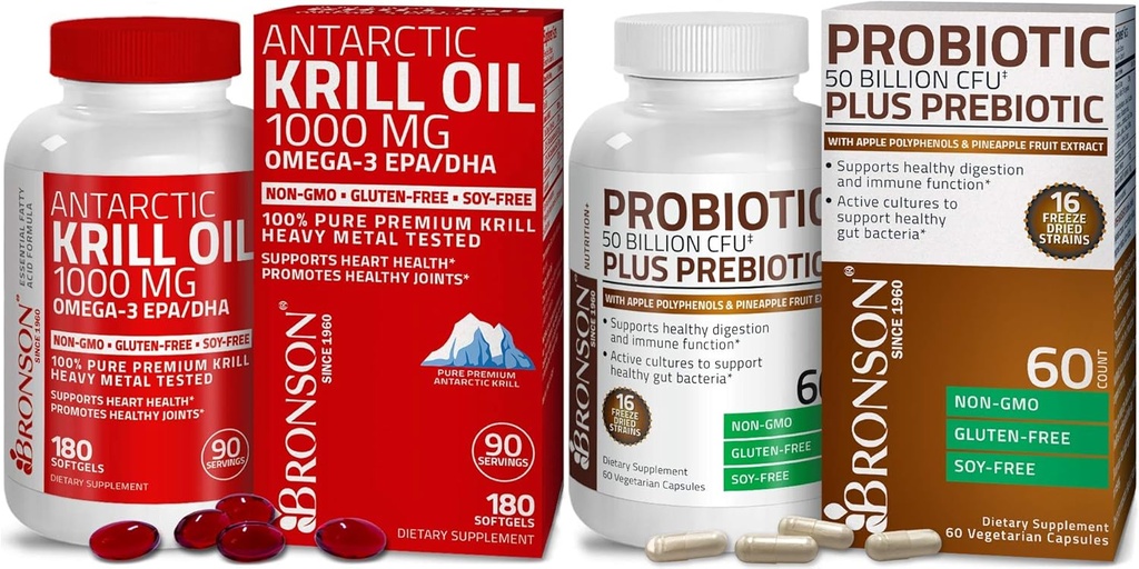 Bronson Probiotic 50 Billion CFU + Appleのポリフェノール及びパイナップルのフルーツのExtracのAntarctic Krillオイル1000 mg Omega-3s EPA DHA
