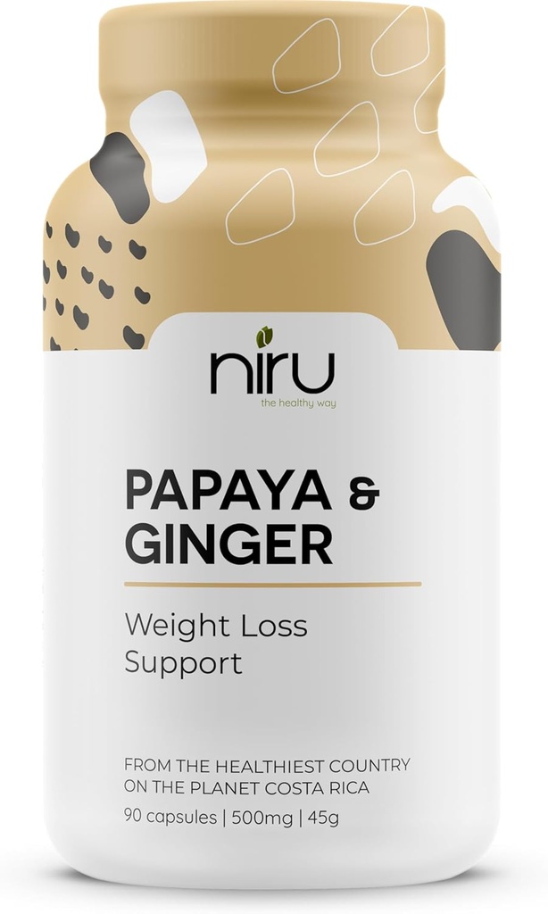 Papaya Ginger de Costa Rica - Niru Life. Blue Zone Papaya Ginger Capsules. Single Origin Papaya Seeds and Ginger Root Blend. Digestive Support, Detox, & Metabolism Boost. 90ct. 500mg Caps.