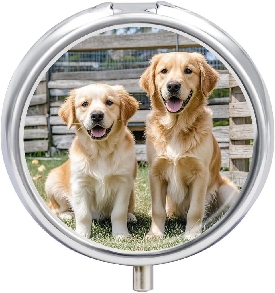 ラウンドピルケース3コンパートメントゴールデンリトリーバー犬の子犬ペットピルボックスミニ薬ピルオルガナイザーポケットのためのポータブルトラベルピルボックスビタミンフィッシュオイルサプリメント