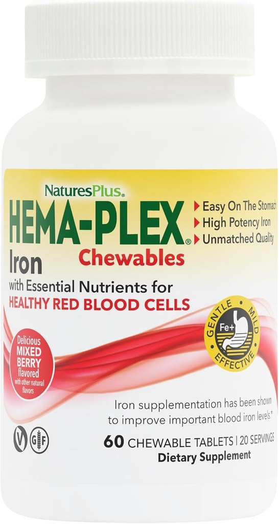 Natures Plus Hema-Plex アイロン - 60 混合ベリーケブル - 85 mg Elemental Iron - Total Blood Health - with Vitamin C & Bioflavonoid - Non-GMO、ビーガン&グルテンフリー - 20 サービング