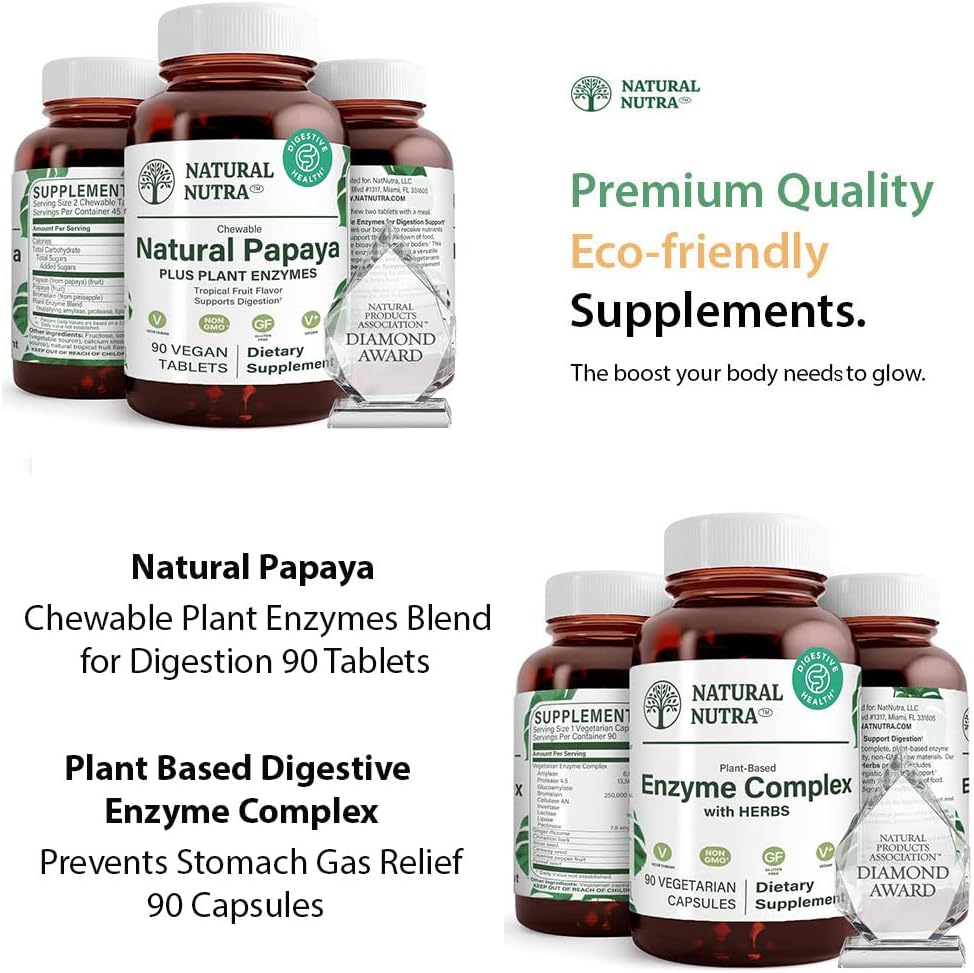 天然のNutra Papaya Chewable植物の酵素ブレンド消化90Chewableビーガンタブレットと植物ベースの消化酵素コンプレックスとハーブ90ビーガンカプセルダイジェスト、胃を防ぎます。