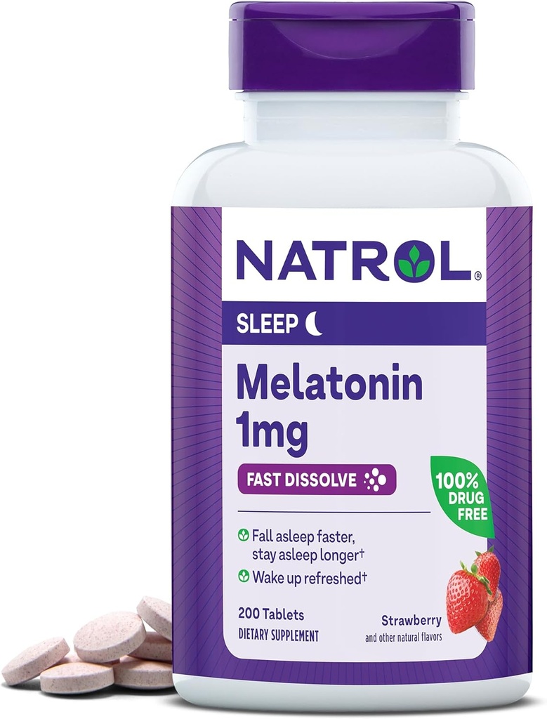 Natrol の速い分解の Melatonin 1 の mg の残りの睡眠のための補足、大人のための睡眠サポート、200 のいちご風味を付けられた Melatonin のタブレット、200 日の供給まで