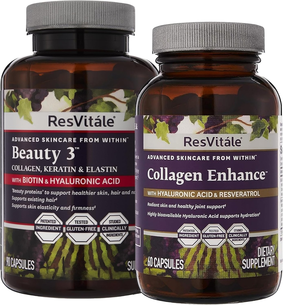 ResVitale Beauty 3 - Skin Care Supplement with Collagen, Keratin & Elastin - 90 Capsules & Collagen Enhance - Beauty Supplement with Hyaluronic Acid & Resveratrol - 60 Capsules