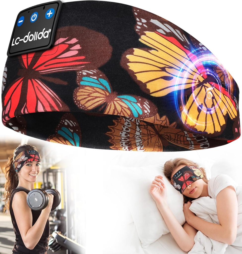 LC-dolidaの睡眠のヘッドホーンのヘッドバンドBluetooth 5.4の女性の睡眠のギフトのワークアウトのジョギングのヨガのInsomnia旅行瞑想、蝶のためのスピーカーのマイクロフォンUSB Cが付いているスポーツのヘッドバンドのイヤホーン無線