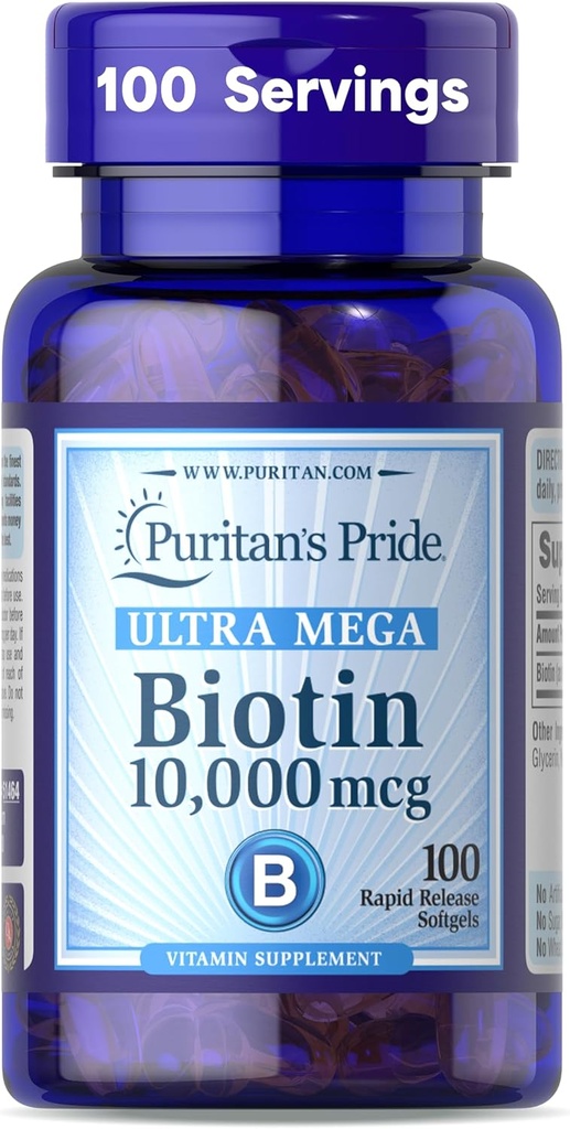 Puritanのプライドプレミアム超メガビオチン10,000mcg、健康な髪、肌、爪、エネルギー代謝サポート、100日供給、100急速なリリースSoftgelsの栄養補助食品