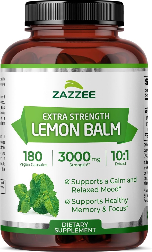 Zazzee Organic Lemon Balm 10:1 Extract, 3000 mg Strength per Capsule, 180 Vegan Capsules, 6 Month Supply, Standardized and Concentrated 10X Extract, 100% Vegetarian, All-Natural and Non-GMO