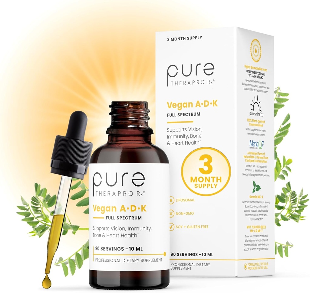 Pure Therapro Rx Vegan A-D-K Drops 10 Ml, Made in USA | 3 Month Supply | Vitamin A (Palmitate), Liposomal Vitamin D3 (Pureshine), Liposomal Vitamin K2 (MK-4 & MK-7) Supports Immunity & Bone Health