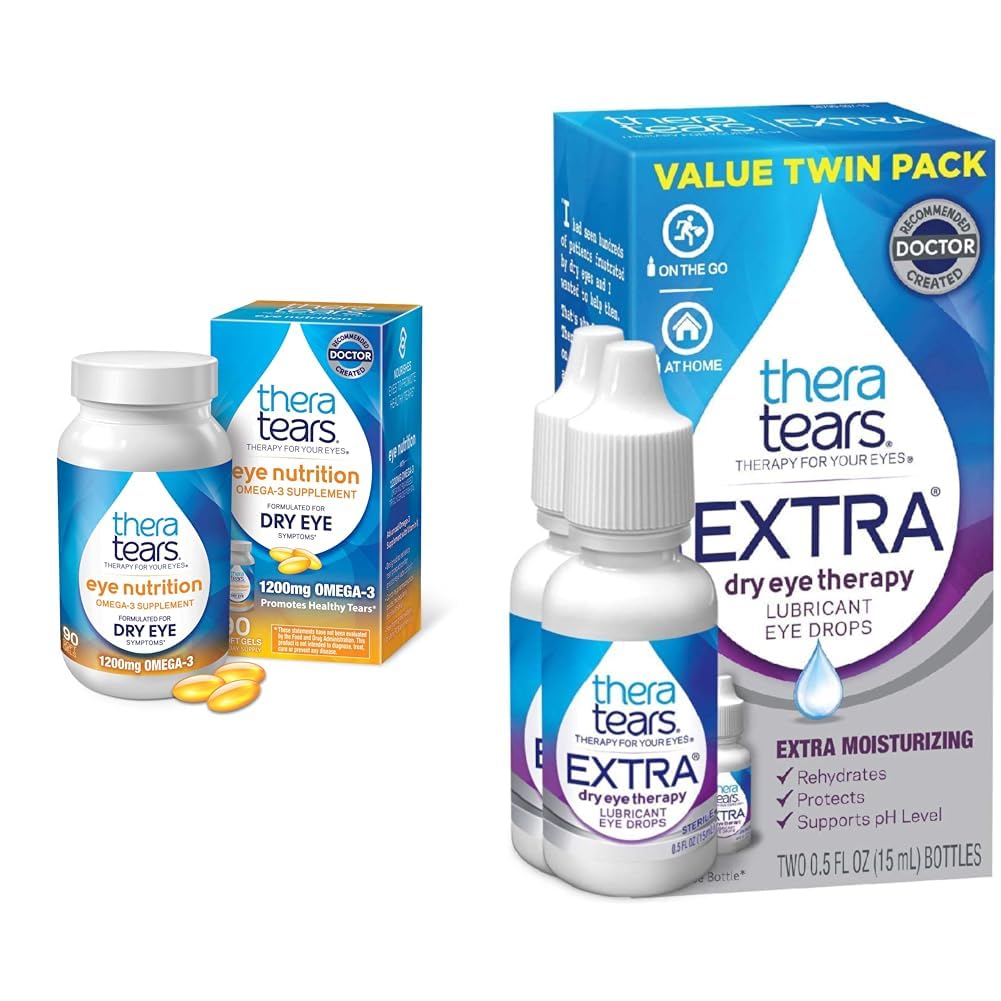 TheraTearsオメガ3サプリメント、1200mg、90ct(1)のパック&余分なドライアイセラピードライアイドロップ、0.5 fl ozボトル、2