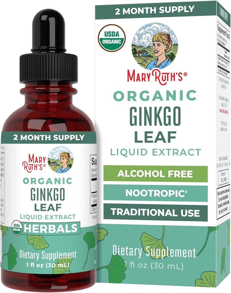MaryRuth Organics Ginkgo Leaf Liquid Drops | ハーブサプリメント | 向知性 | 循環器系・神経系健康 | USDA Organic | 非GMO | 完全菜食主義者 | 60名