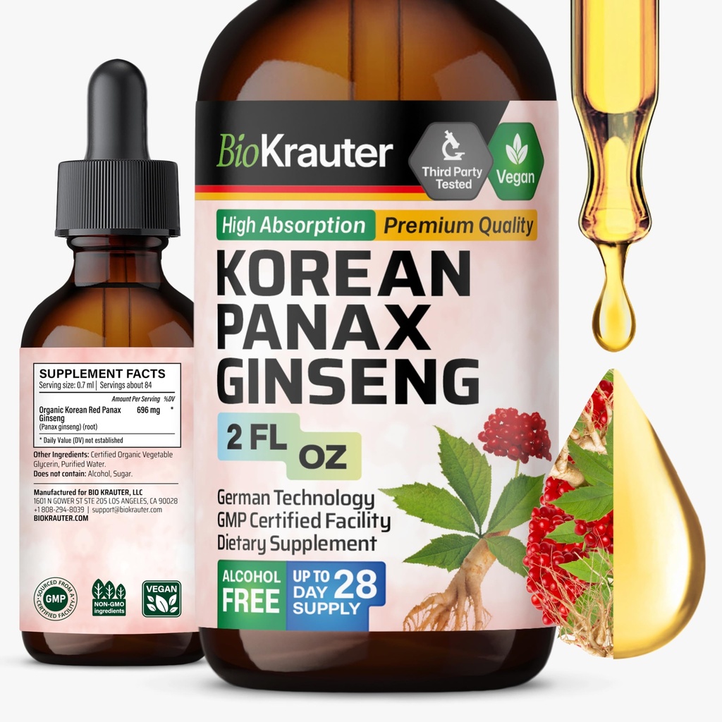 BIO KRAUTER Panax の Ginseng のエキスの液体-韓国の赤い Ginseng の補足アルコールフリー - 免疫サポート - ビーガン、砂糖無料 - 2 Fl.Oz。