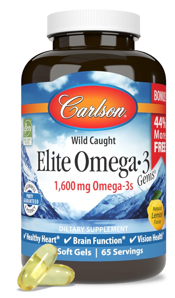 カールソン - エリートオメガ-3宝石、1600 mg Omega-3脂肪酸 EPAとDHA、ノルウェー、ワイルドキャッチフィッシュオイルサプリメント、持続的に供給オメガ3フィッシュオイルカプセル、レモン、130ソフトゲル