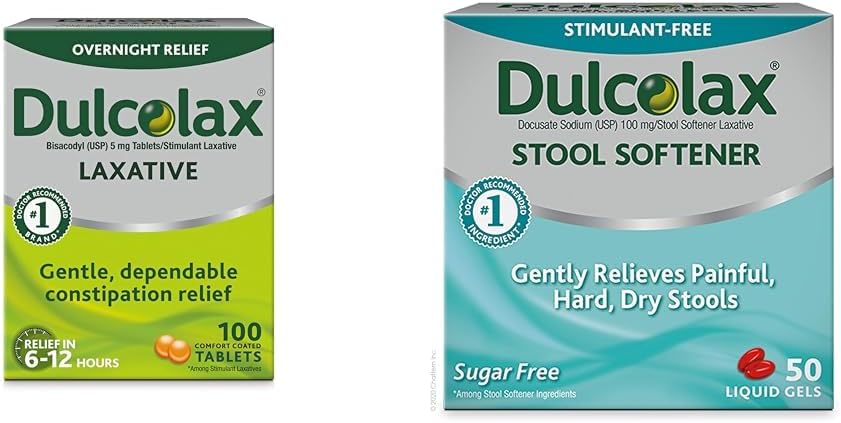 Dulcolax Stimulant Laxative Tablets (100 Count) Gentle Overnight Constipation Relief, Bisacodyl 5mg & Stool Softener Laxative Liquid Gel Capsules (50ct) Gentle Relief, Docusate Sodium 100mg