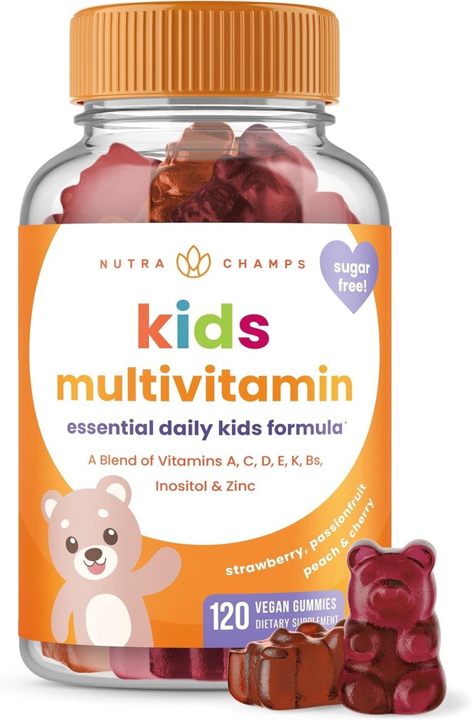 NutraChamps Kids Multivitamin Gummies | シュガーフリー 120 子供のためのガミービタミン | ビーガン&非GMO | イチゴ、パッションフルーツ、ピーチ&チェリー
