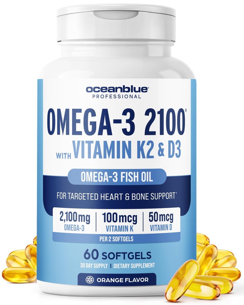 Oceanblue のビタミン K2 およびビタミン D3-60 の計算と専門の Omega-3 2100 - EPA、DHA 及び DPA の三重力の Burpless の魚油 Omega-3 の補足-野生のキャッチ-オレンジ味、30 のサービング