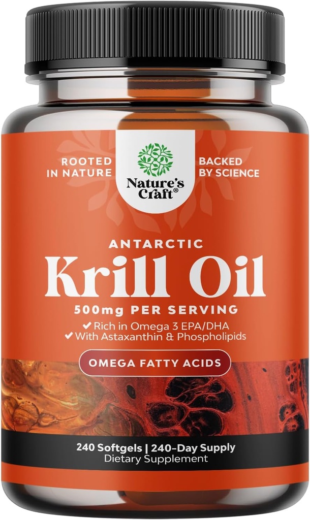 Antarctic Krill Oil 500mg Softgels - Omega 3 Krill Oil Supplement with EPA DHA & Astaxanthin for Brain Joint & Heart - 3rd Party Lab Tested No Gluten GMOs or Fishy Aftertaste (Up to 8 Month Supply)