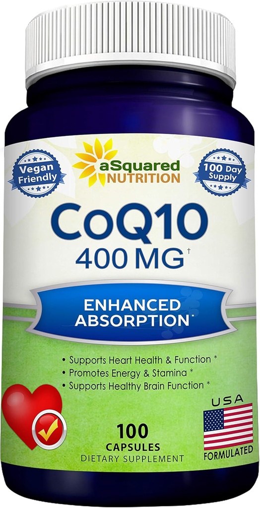 ASquaredの栄養のCoQ10 (400mg最高の強さ、100の野菜のカプセル) - 高吸収のCoenzyme Q10の粉-Ubiquinoneの補足の丸薬、余分酸化防止CO Q-10酵素のビタミンのタブレット、Coq 10 400のmg
