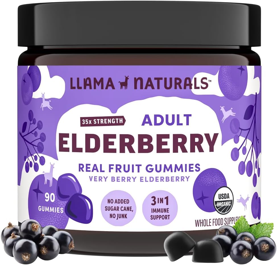 大人のためのLlama Naturals Elderberry Gummies, 完全菜食主義者の, ビタミンCと亜鉛の有機免疫サポートサプリメント, 免疫のための実質の果実のおいしいビタミン, 咀嚼可能, 砂糖の杖なし, 90 Ct