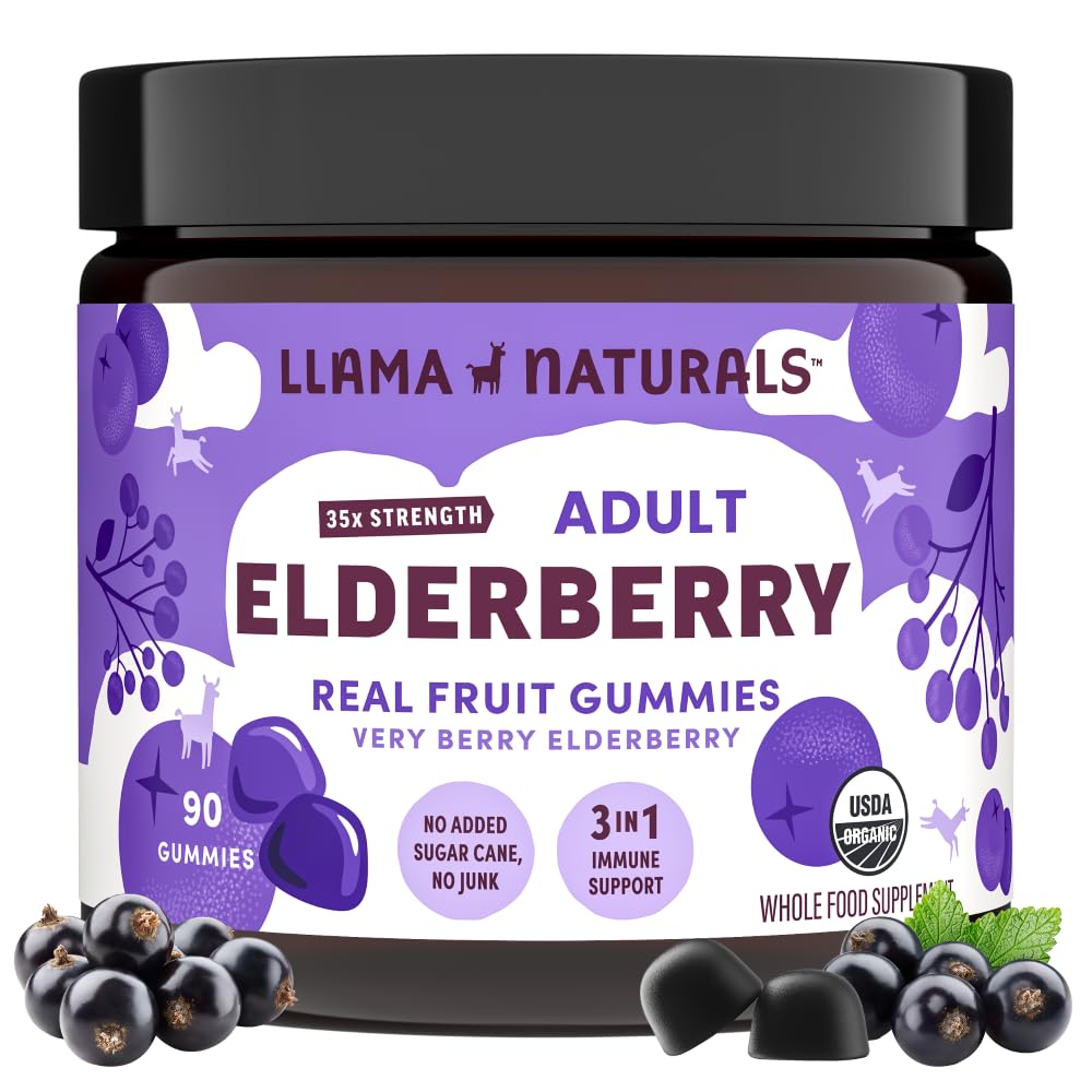 大人のためのLlama Naturals Elderberry Gummies, 完全菜食主義者の, ビタミンCと亜鉛の有機免疫サポートサプリメント, 免疫のための実質の果実のおいしいビタミン, 咀嚼可能, 砂糖の杖なし, 90 Ct